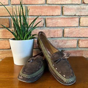 Salvatore Ferragamo Brown and Green Suede Loafers in Size 11.5